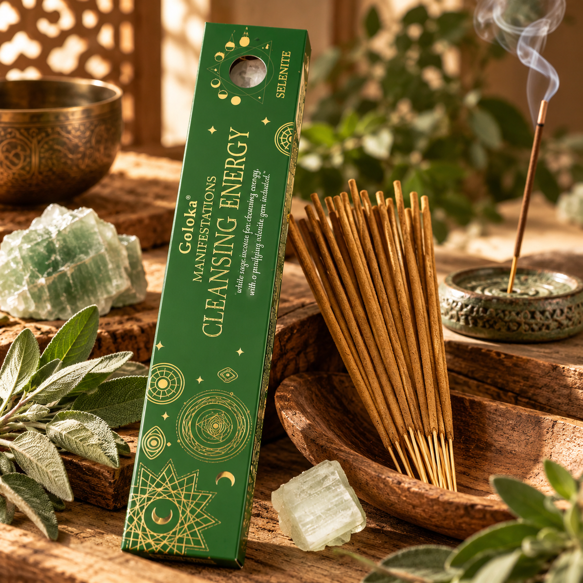 Incienso Goloka Manifestaciones Limpieza de Energía Incienso Salvia Blanca con Mineral de Selenita - 15gr.